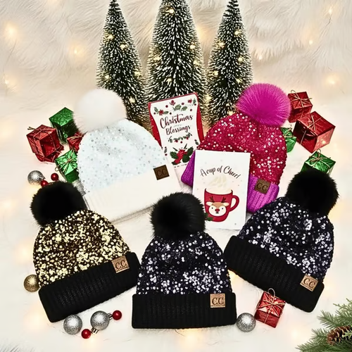 🔥Sequin Fur Pom Beanie for Women
