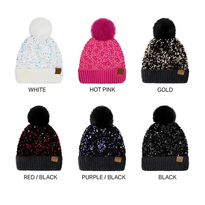 🔥Sequin Fur Pom Beanie for Women