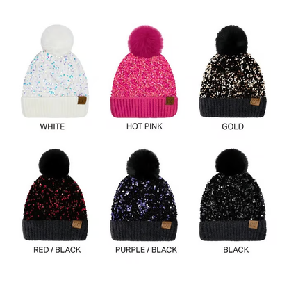 🔥Sequin Fur Pom Beanie for Women