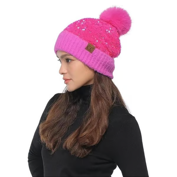 🔥Sequin Fur Pom Beanie for Women