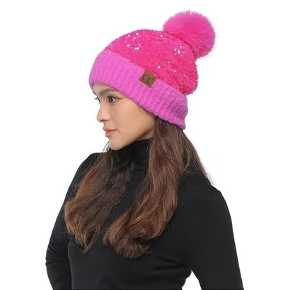 🔥Sequin Fur Pom Beanie for Women