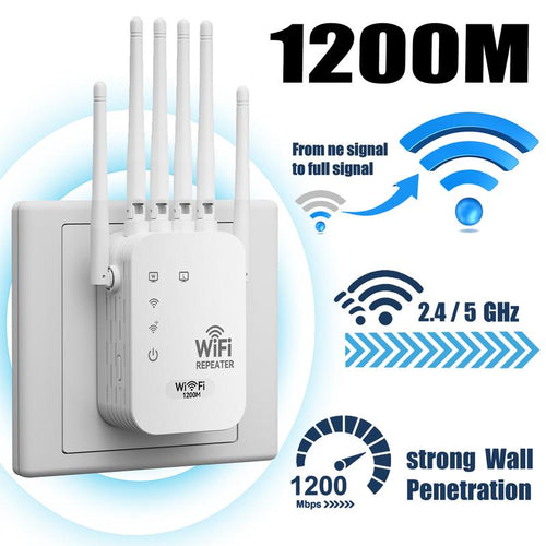 WiFi Extender 2025 6-Antenna Strong Signal, 1200Mbps Dual Band (5GHz/2.4GHz) Booster