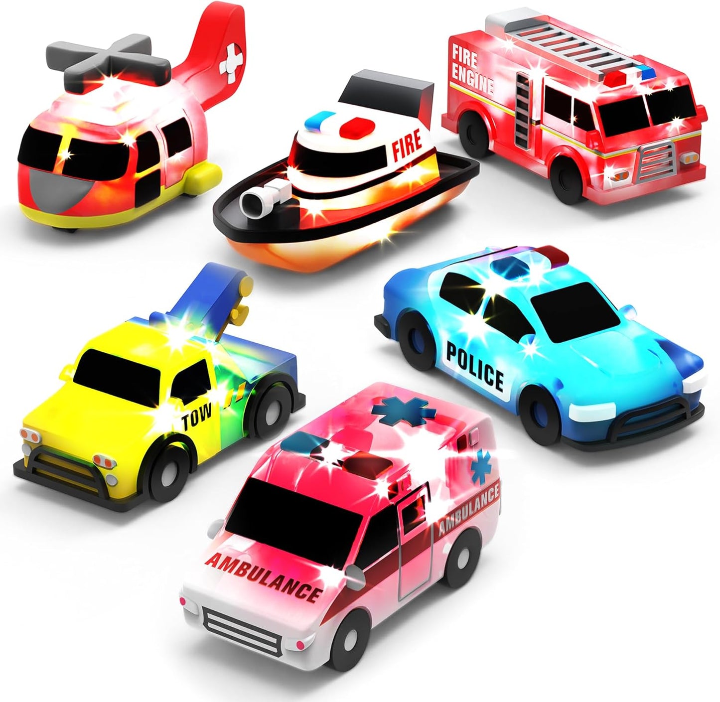 Tub Works Emergency Cars Light Up Bath Toys 6 Pack Water Activated Flashing Colors Soft Squeezable Sensory Toys for Kids Bath Fun in the Tub