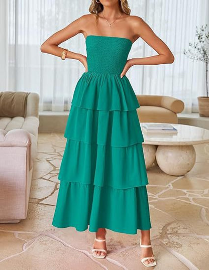 2026 New Sleeveless Off-Shoulder Gathered Layered Strapless Long Vest Dress