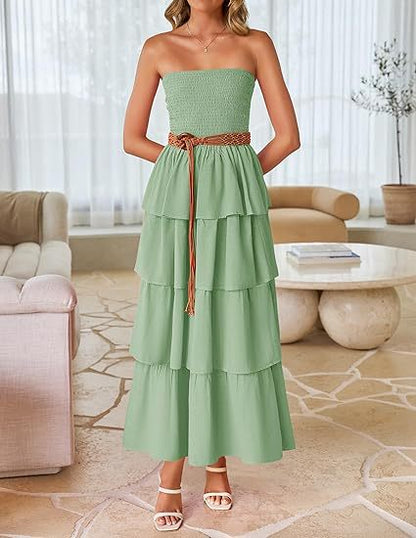 2026 New Sleeveless Off-Shoulder Gathered Layered Strapless Long Vest Dress