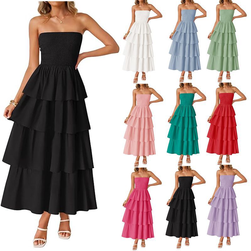 2026 New Sleeveless Off-Shoulder Gathered Layered Strapless Long Vest Dress