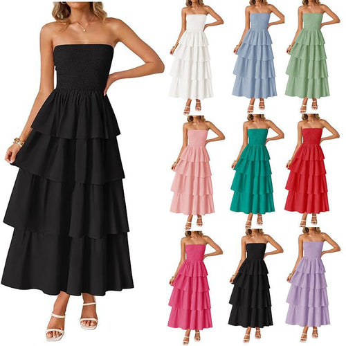 2026 New Sleeveless Off-Shoulder Gathered Layered Strapless Long Vest Dress