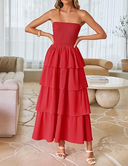 2026 New Sleeveless Off-Shoulder Gathered Layered Strapless Long Vest Dress