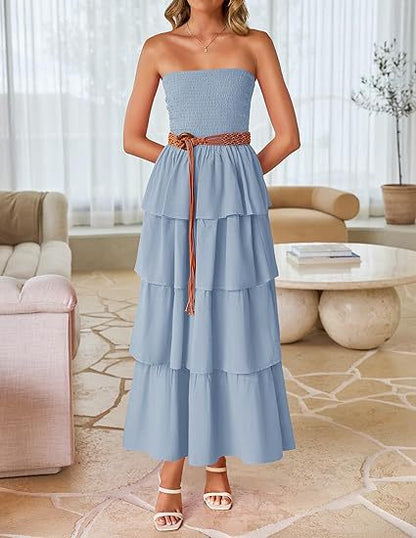 2026 New Sleeveless Off-Shoulder Gathered Layered Strapless Long Vest Dress